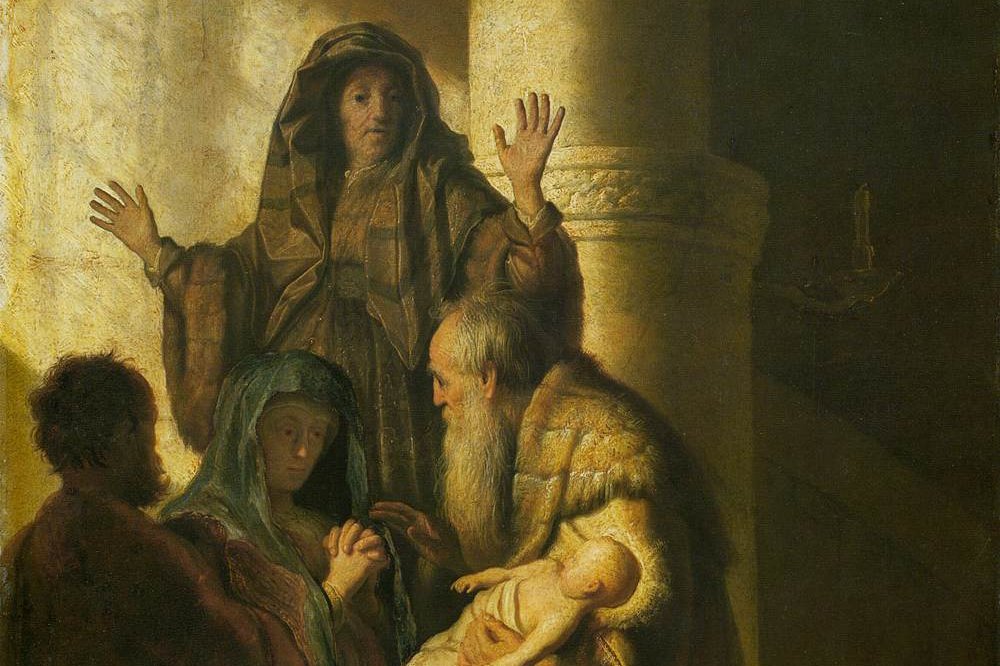 Simeon holding the infant Jesus in the Temple as Mary and Anna look on