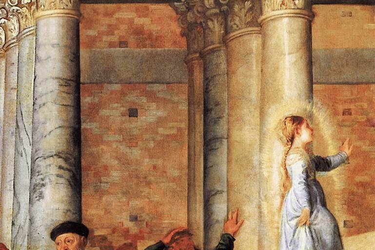 A Renaissance painting of the young Virgin Mary ascending the Temple steps.
