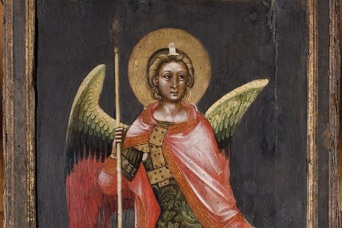 A 14th-century tempera panel by Guariento di Arpo showing a haloed, armed angel holding a spear and shield, labeled Principatus.