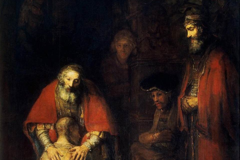 The father embracing his kneeling son in Rembrandt's Return of the Prodigal Son