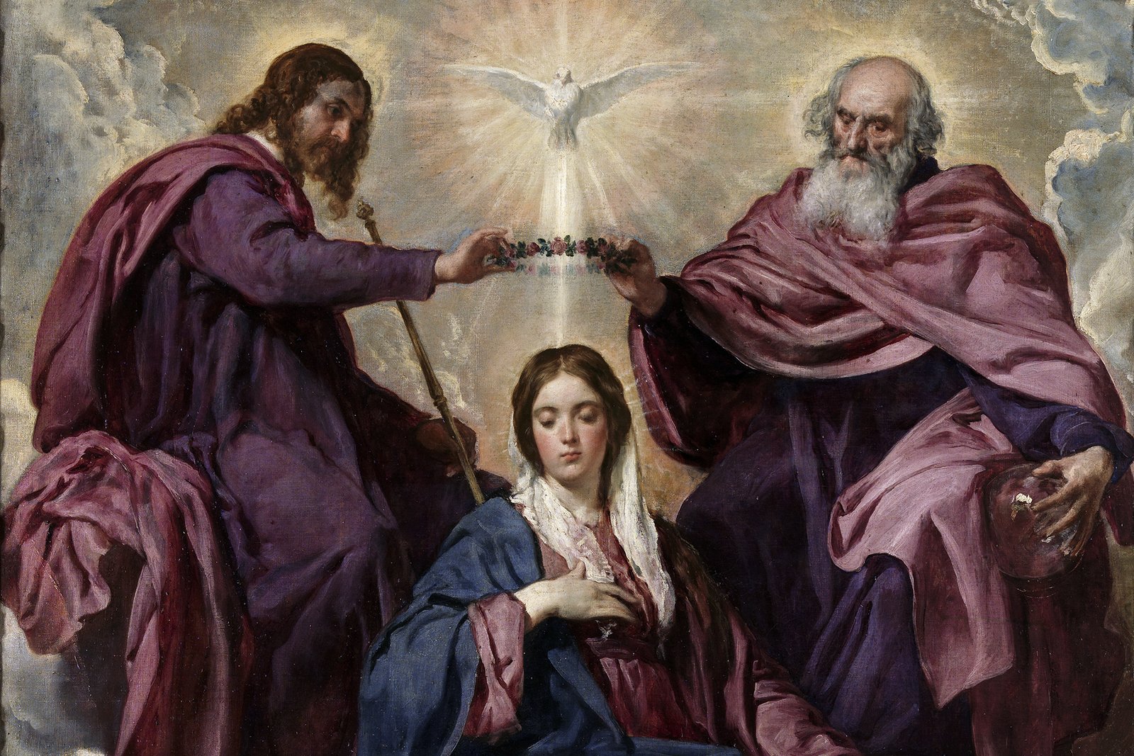 A Baroque painting of the Virgin Mary crowned as Queen of Heaven.