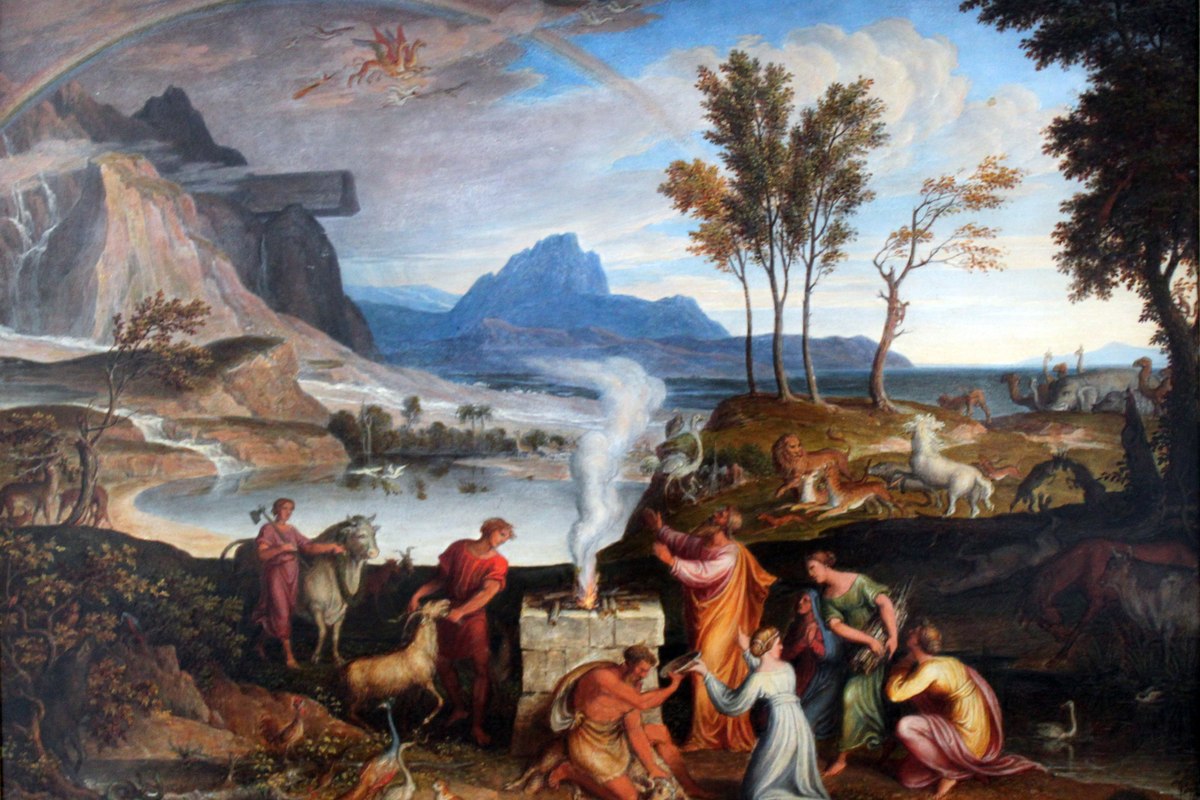 A classical landscape painting of figures offering a sacrifice at an altar beside a lake, with a rainbow arching across the sky above mountains and animals.