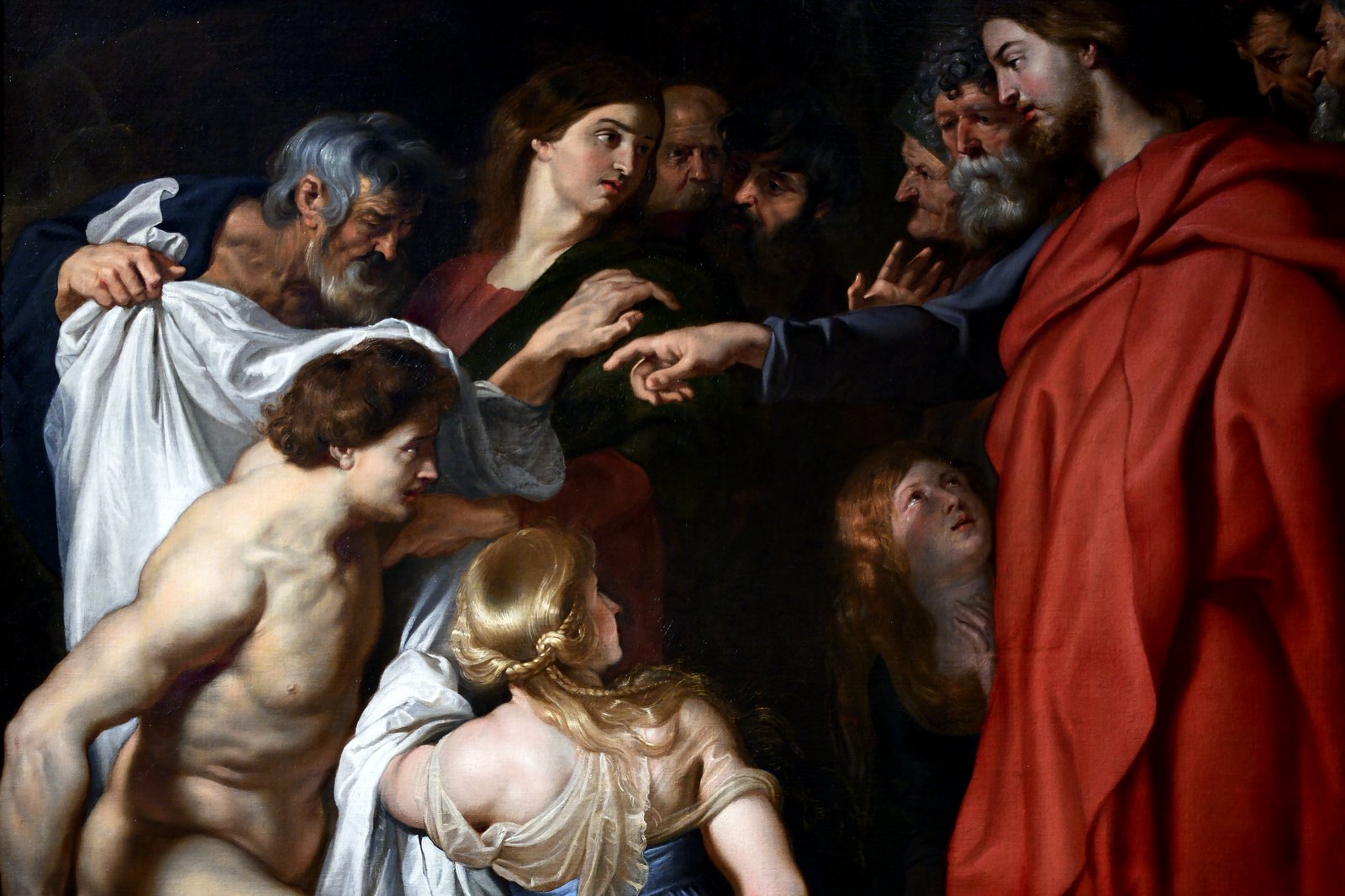 Jesus calling Lazarus from the tomb before the astonished crowd, Baroque painting