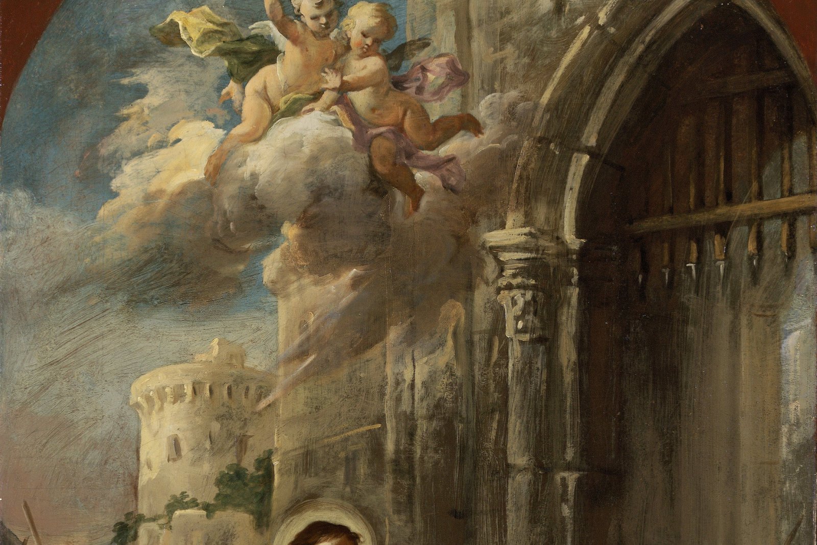 Jesus touching the funeral bier of the widow's son at the gate of Nain as the young man sits up, painted by Martino Altomonte