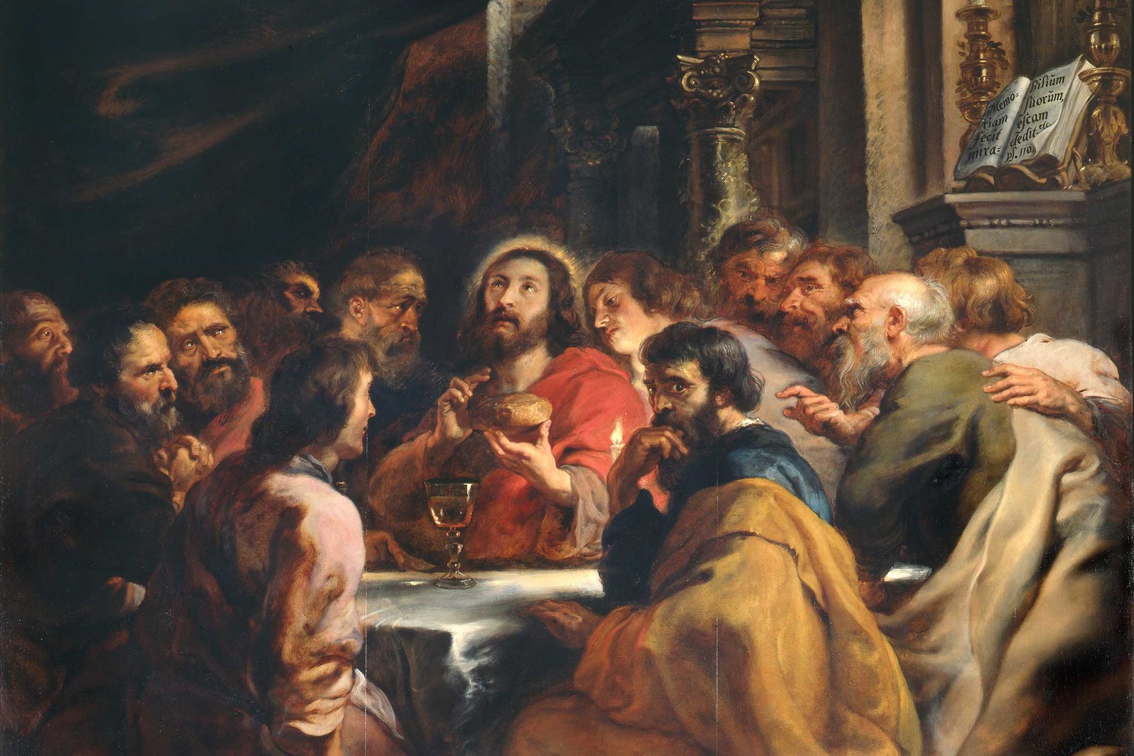 Peter Paul Rubens' painting of the Last Supper, showing Christ instituting the Eucharist with the apostles seated around the table.