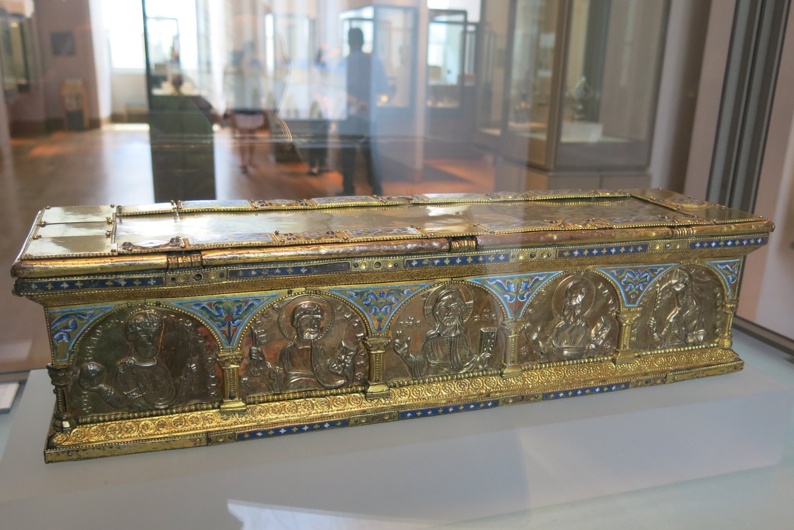 The gilded arm reliquary of Charlemagne, a life-size gold and silver forearm with the hand raised in blessing, from the treasury of Aachen Cathedral, now in the Louvre