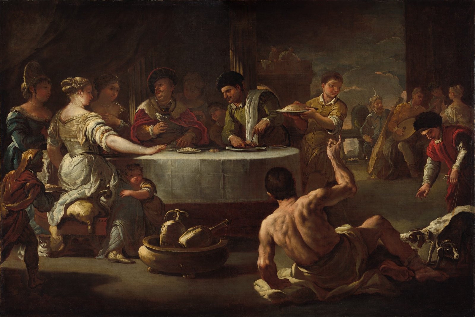 A baroque painting of the rich man feasting at his table while the beggar Lazarus, covered in sores, lies at the gate below with a dog beside him