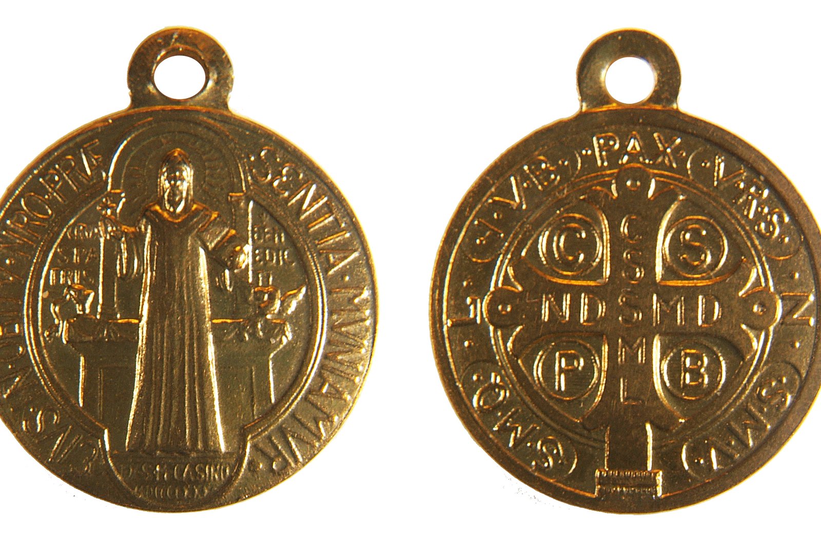 Front and back of a gold Saint Benedict medal, showing Benedict holding a cross and his Rule on the obverse, and the cross with its rows of Latin initials on the reverse