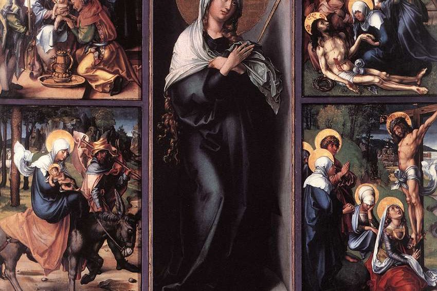 Albrecht Dürer's reconstructed polyptych of the Seven Sorrows of the Virgin, showing Mary as Mother of Sorrows surrounded by seven scenes of grief.