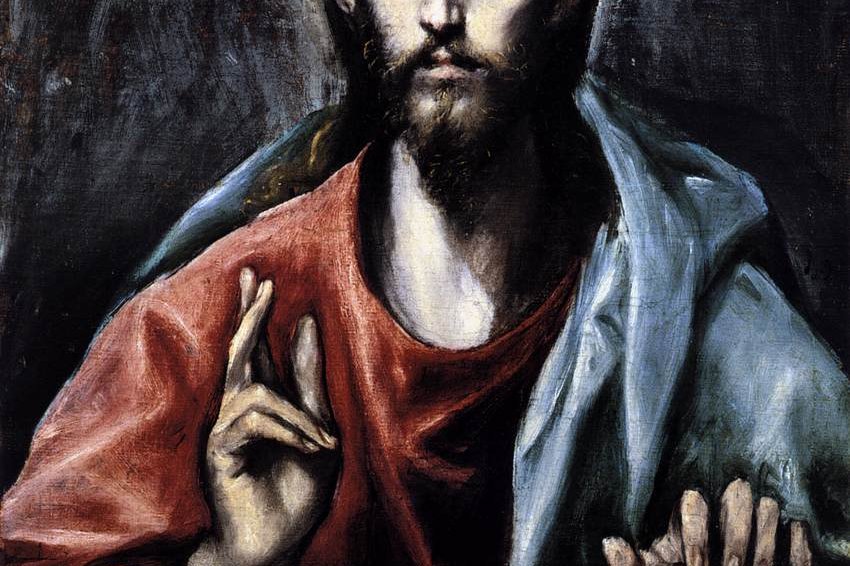 Christ raises his right hand in a gesture of blessing, fingers extended, in El Greco's devotional portrait.