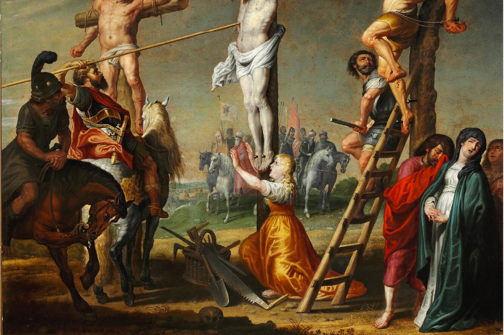 Gerard de la Vallee painting of a Roman soldier, later venerated as Saint Longinus, piercing the crucified Christ's side with a lance