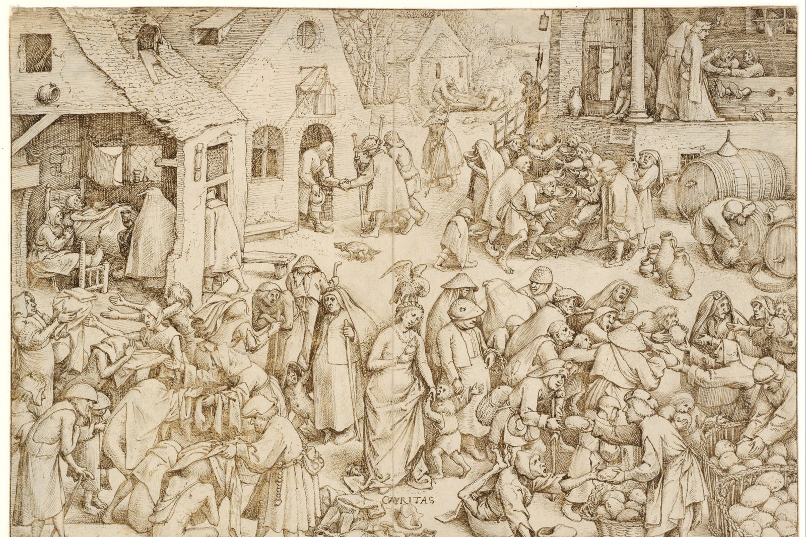 Pieter Bruegel the Elder's allegorical painting of Charity, personified as a woman surrounded by children and acts of compassion.