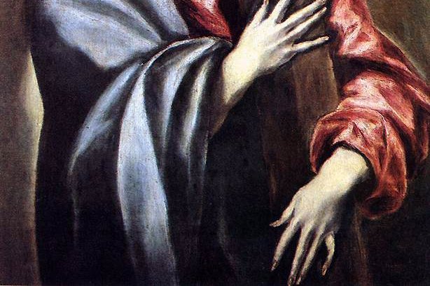 El Grecos Gemälde Christus trägt das Kreuz, nach oben blickend mit feierlichem, schmerzerfülltem Ausdruck.
