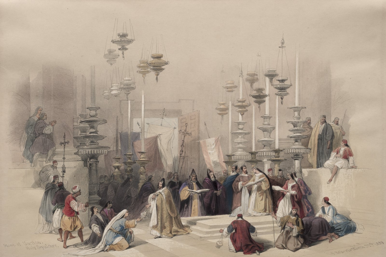 David Roberts's 1839 painting of the Stone of Unction in the Church of the Holy Sepulchre, Jerusalem, showing pilgrims gathered around the slab