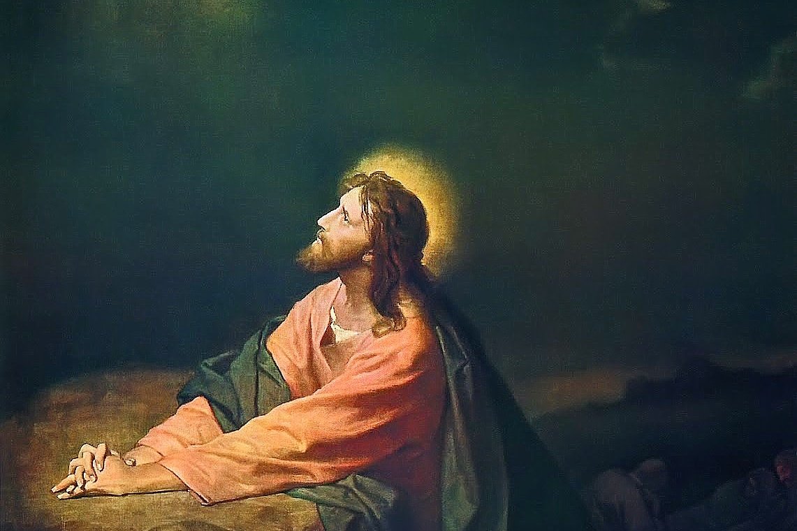 Heinrich Hofmann's painting of Christ kneeling in prayer in the Garden of Gethsemane, hands folded, gazing upward toward a beam of light.