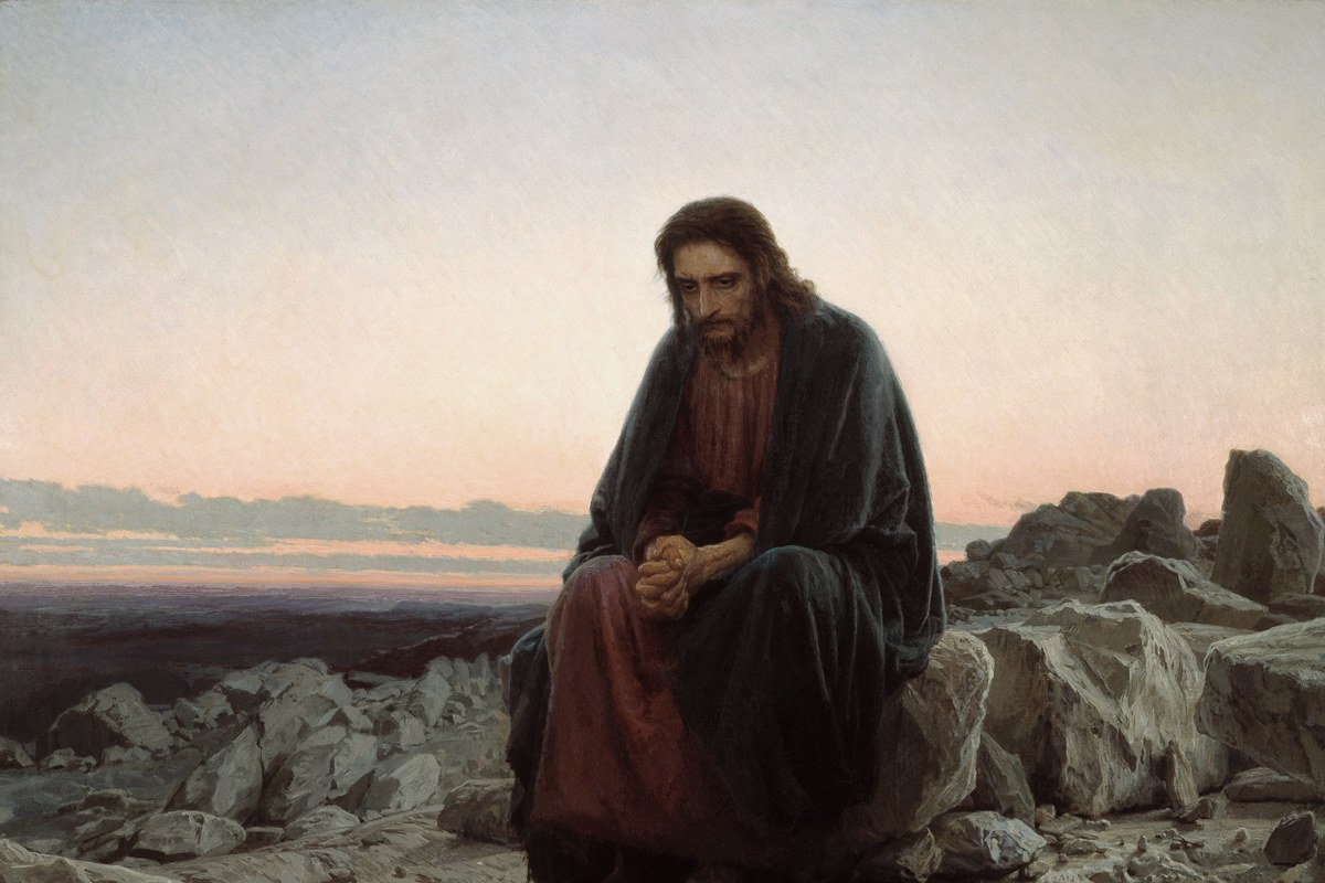 A somber painting of a solitary, weary figure sitting on rocks in a barren desert landscape at dusk, hands clasped in thought.