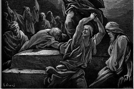 Moses descending Mount Sinai holding the tablets of the Ten Commandments