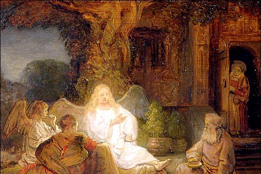 Abraham, dressed as a servant, bows and offers a platter of food to three seated visitors at a table beneath a tree, in a warm Dutch Baroque painting style.