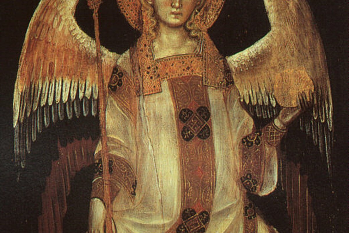 A 14th-century tempera panel by Guariento di Arpo showing a haloed, enthroned angel holding a scepter, traditionally identified as one of the Thrones.