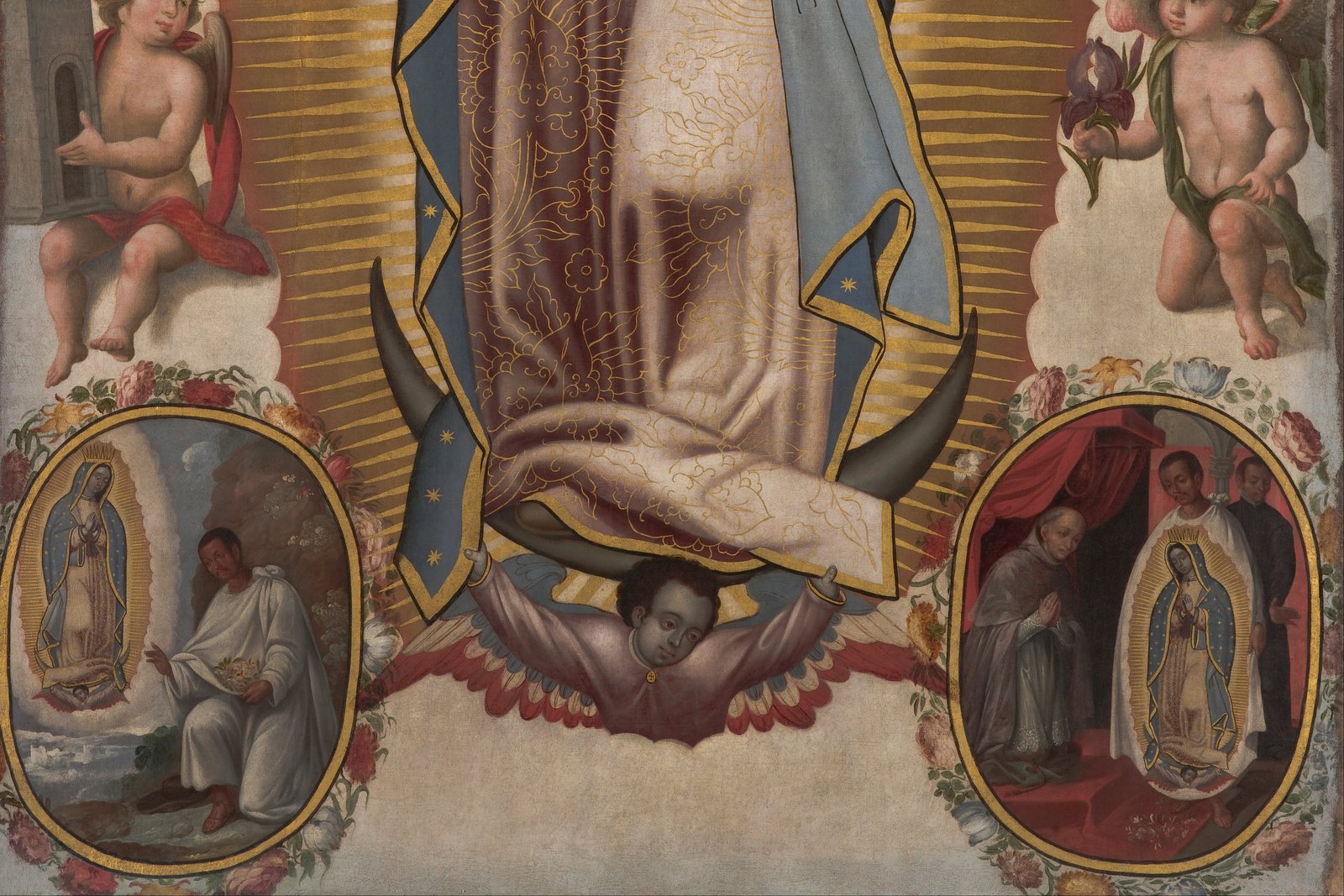 The image of Our Lady of Guadalupe on the tilma, showing Mary in a star-covered mantle standing on a crescent moon