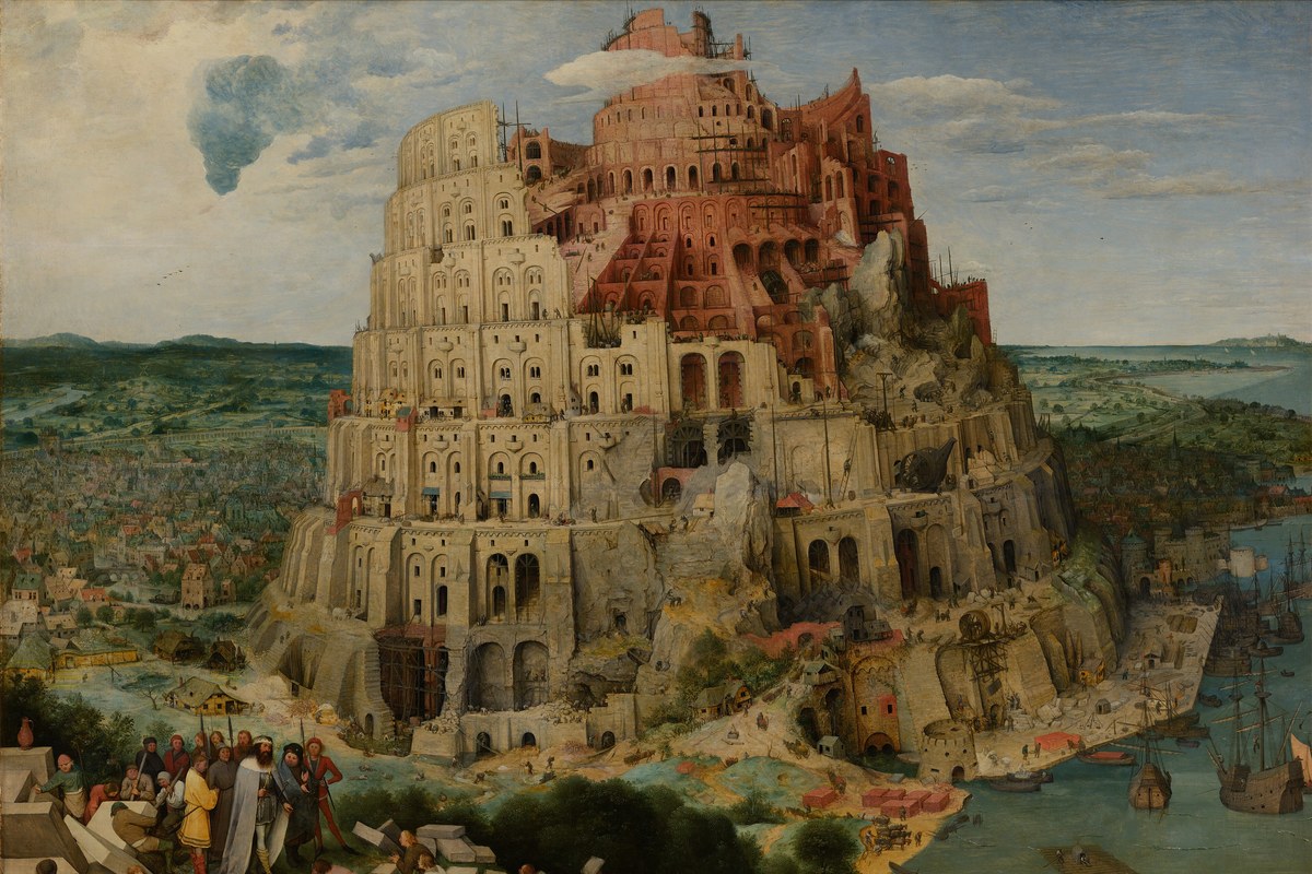 Detailreiches Gemälde eines gewaltigen, unvollendeten Turms, der über einer Stadt aufragt, während an seinem Fuß noch gebaut wird.