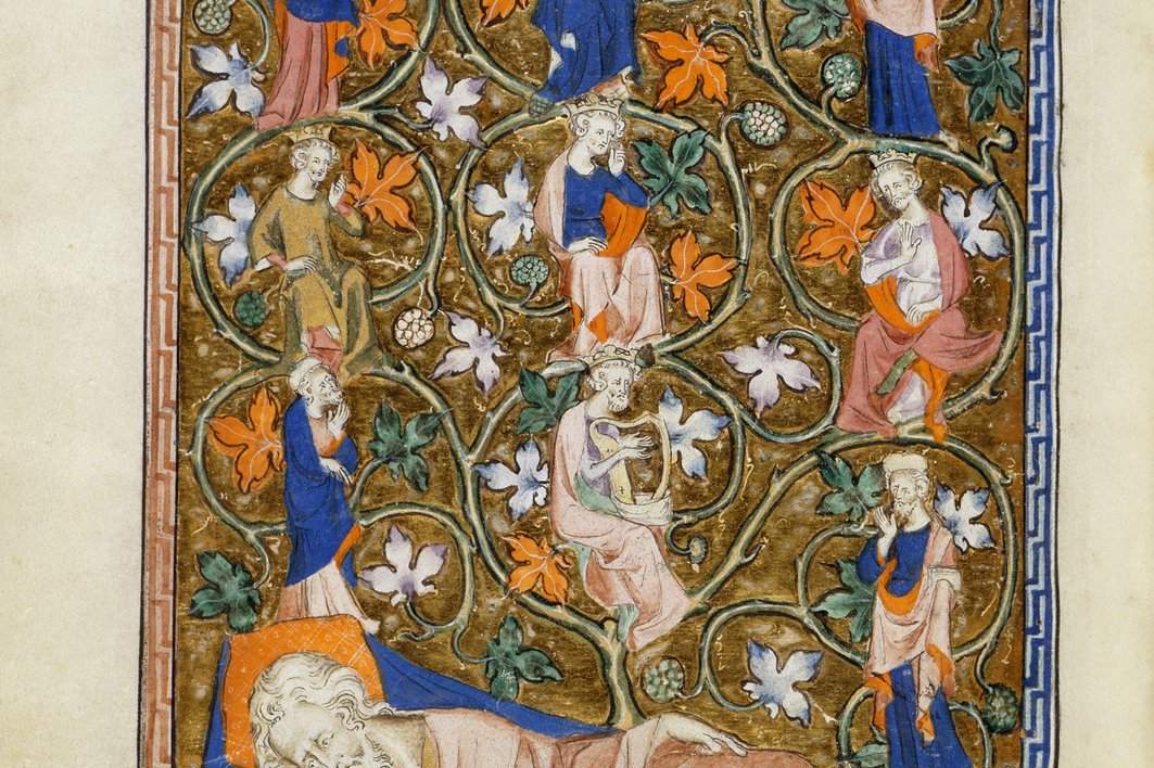 Una miniatura de manuscrito medieval del árbol de Jesé, que muestra a Jesé dormido en la base con un árbol que se eleva desde su cuerpo a través de filas de antepasados hasta la Virgen María y Cristo.