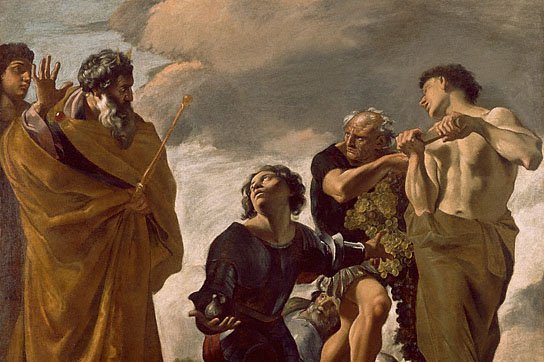 Moses receiving the messengers returning from Canaan with grapes