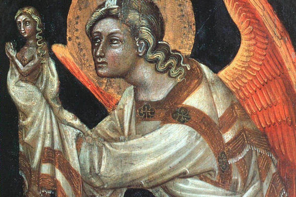 A 14th-century tempera panel by Guariento di Arpo showing a haloed angel holding up a small robed figure representing a soul.