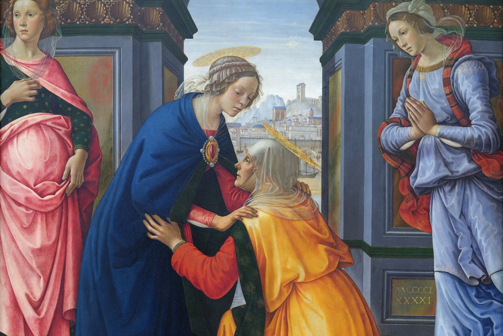 The Virgin Mary visiting her cousin Elizabeth, both women pregnant and embracing