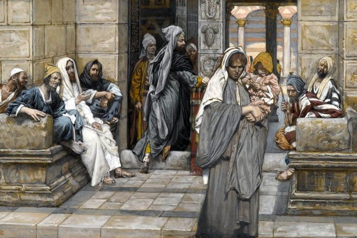 A watercolor painting of a poor widow in dark clothing dropping a small coin into a temple offering box while wealthier onlookers watch.