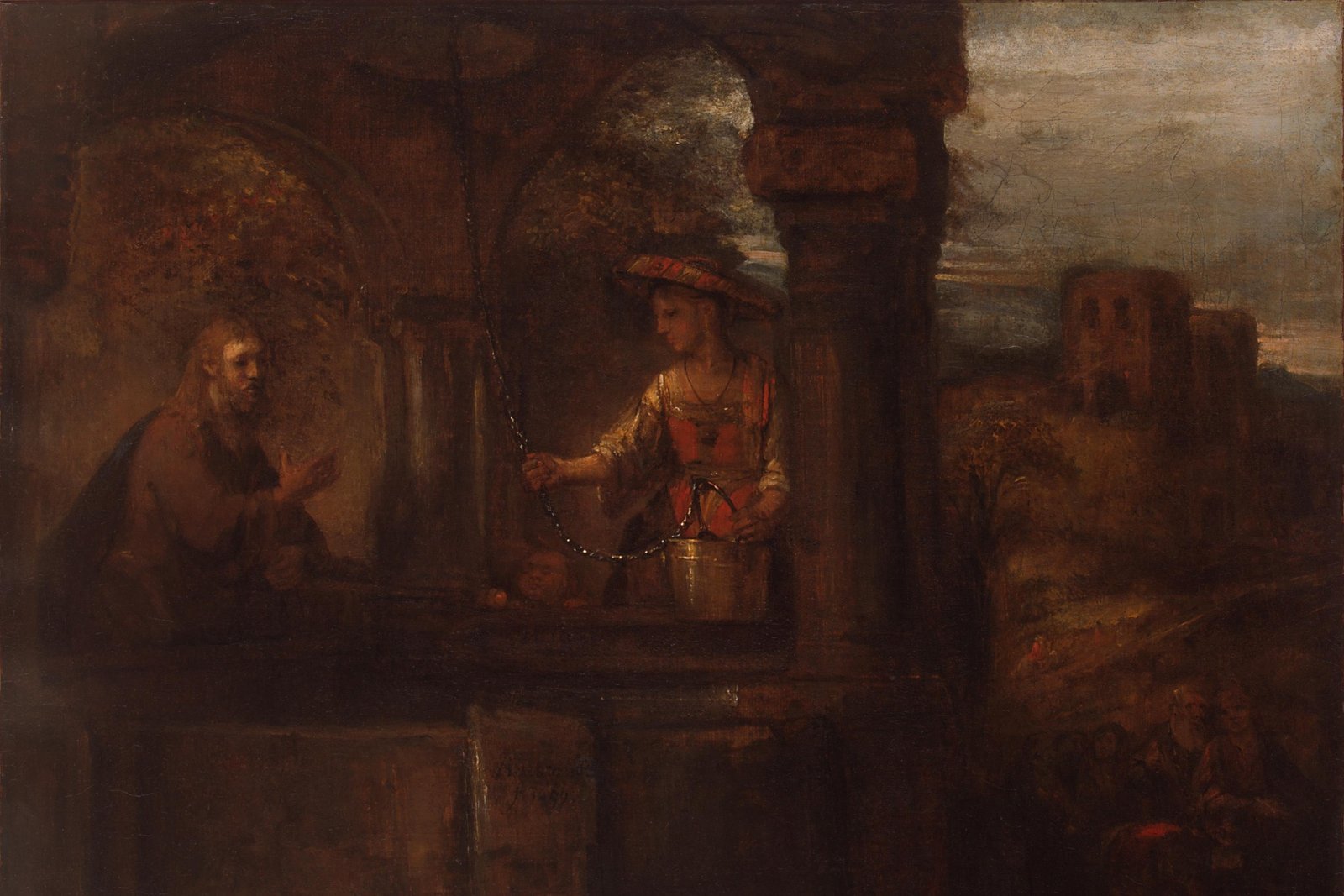 Jesus speaking with the Samaritan woman at the well, painting by Rembrandt