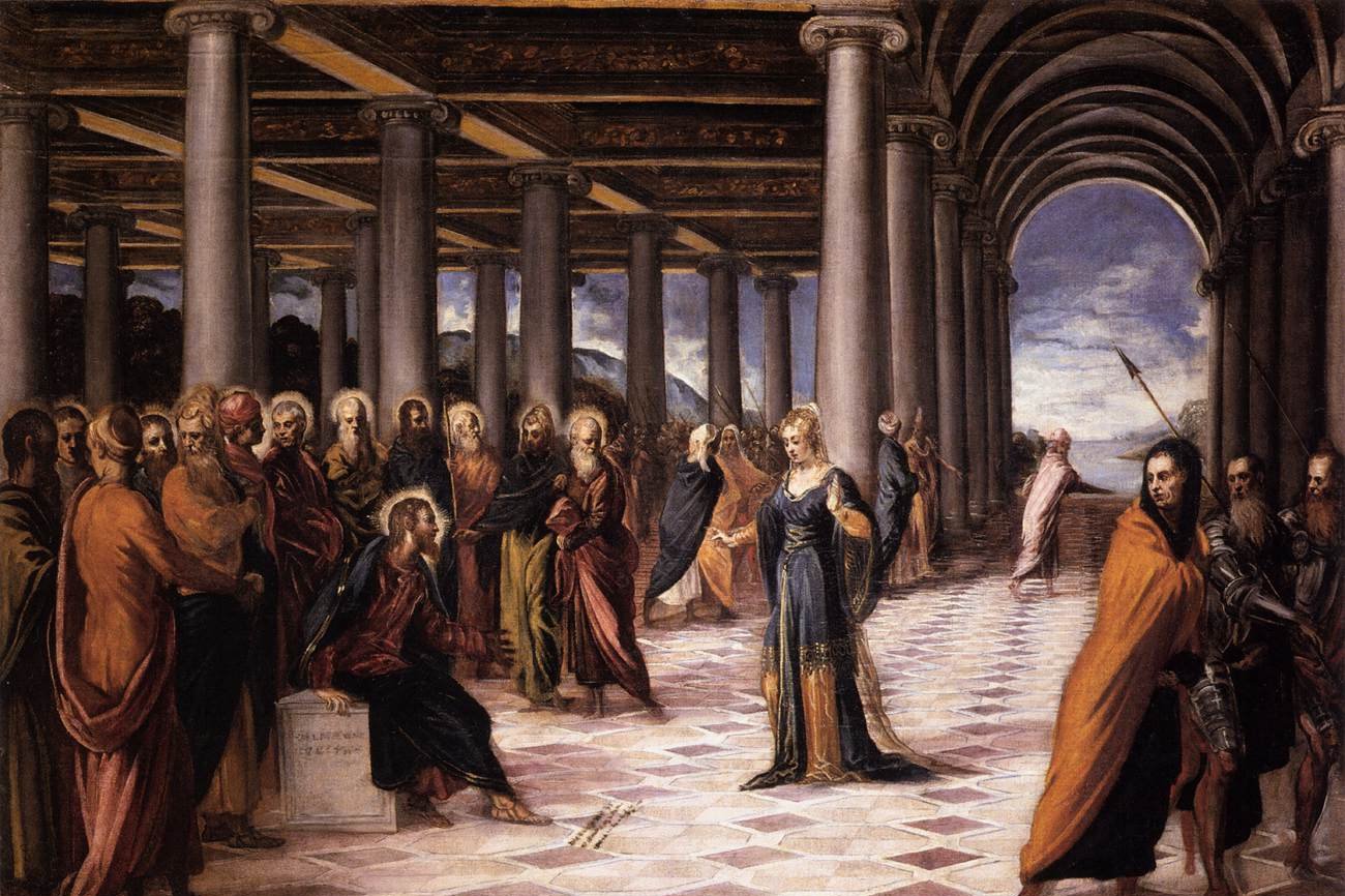 A Renaissance painting of Christ kneeling and writing on the ground while scribes and Pharisees stand around a woman accused of adultery