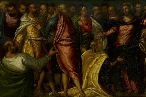 17th-century painting of Christ healing the woman with an issue of blood, showing her kneeling and reaching toward the hem of his garment amid a crowd.