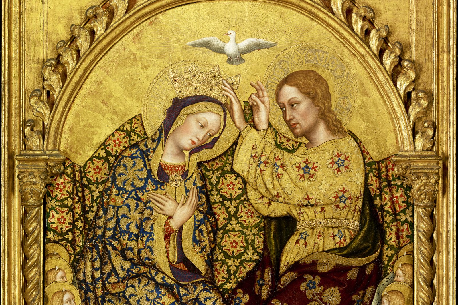 A gold-ground Gothic painting of the coronation of the Virgin Mary, seated beside Christ and surrounded by angels and saints.