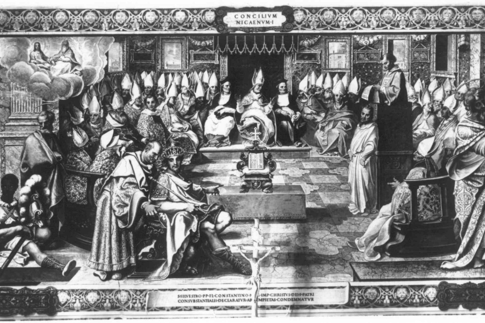 Un fresco del siglo XVI que representa el Primer Concilio de Nicea, con obispos y el emperador Constantino reunidos en una sala abovedada.