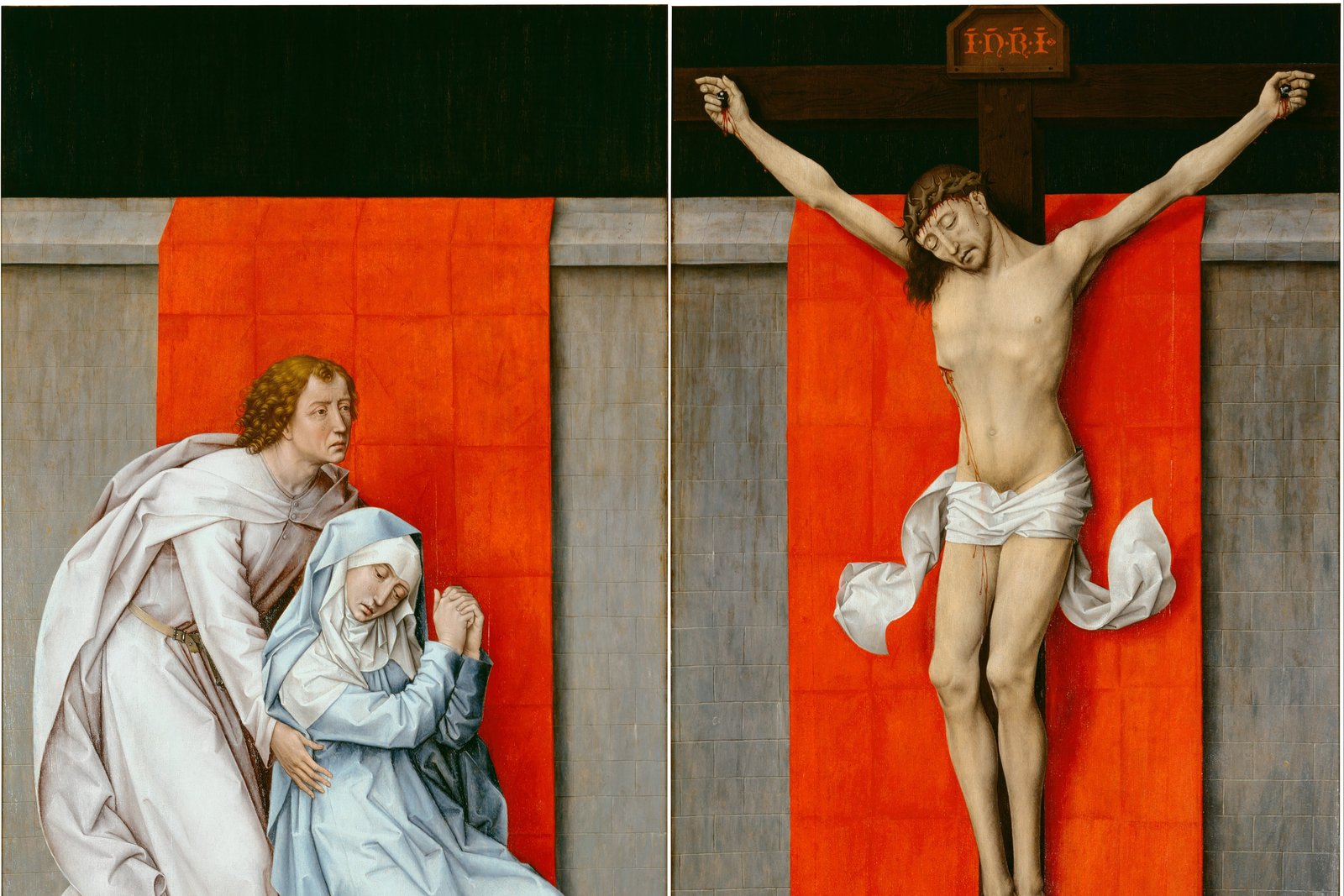 A diptych panel painting showing Christ crucified on a Latin cross with the INRI inscription above his head, with the Virgin Mary and Saint John mourning at left.