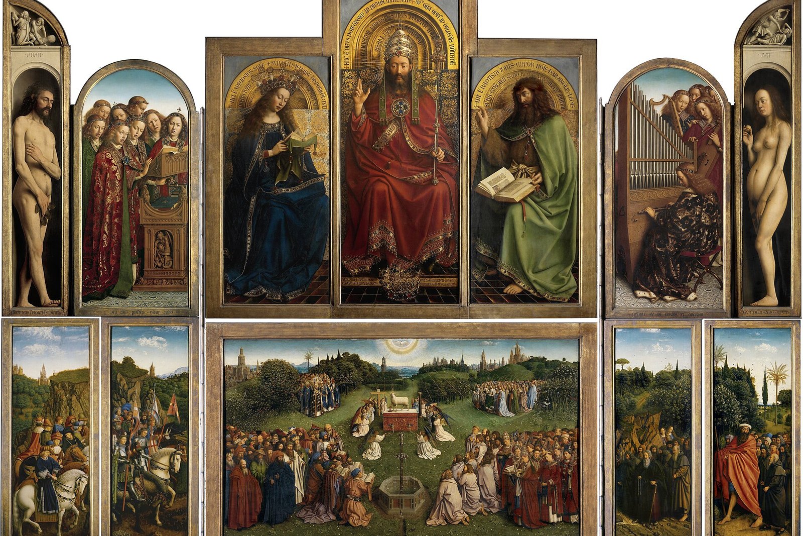 The opened Ghent Altarpiece by Jan van Eyck, showing multiple painted panels including the Adoration of the Mystic Lamb at the center.