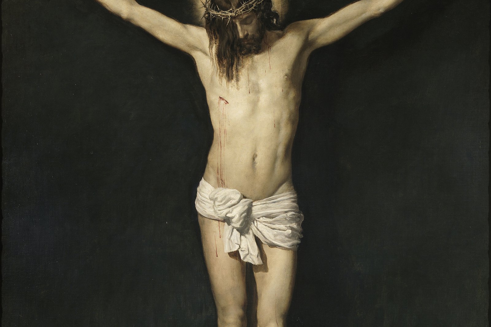 A dark, minimalist painting of Jesus Christ crucified alone against a black background, his head bowed and hair falling forward, feet nailed with a single spike.