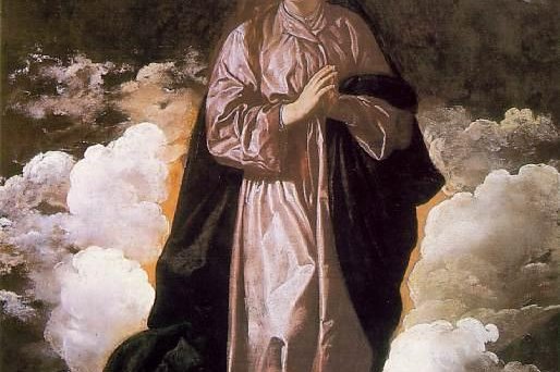 Diego Velázquez's painting The Immaculate Conception, showing a young Virgin Mary standing on a crescent moon against a dark sky
