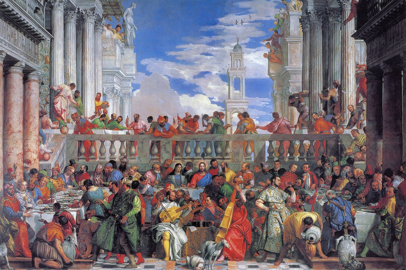 Paolo Veronese's Wedding at Cana, a vast banquet scene crowded with over a hundred figures, musicians, and Venetian architecture.