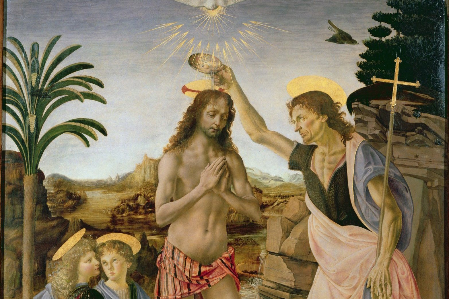A Renaissance sculptural relief depicting John the Baptist pouring water over the head of Jesus, who stands in the Jordan River, with an angel holding his robe.