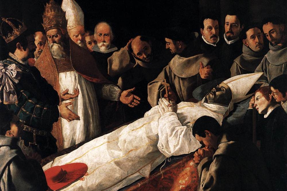Clérigos y dolientes se reúnen en torno al cuerpo amortajado de San Buenaventura, expuesto en capilla ardiente, en esta pintura de Zurbarán del siglo XVII.