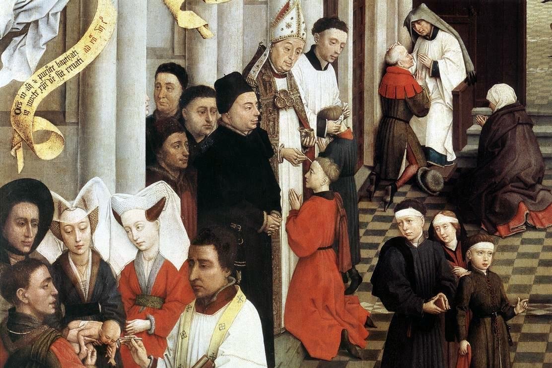 Un détail du retable des Sept Sacrements de Rogier van der Weyden montrant un évêque oignant le front d'un candidat agenouillé lors du sacrement de confirmation.