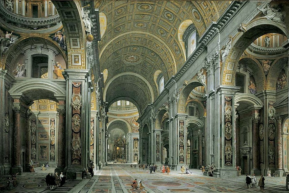 Giovanni Paolo Pannini's 1731 painting of the vast, gilded interior of St. Peter's Basilica in Rome, with tiny figures of visitors beneath the soaring nave.