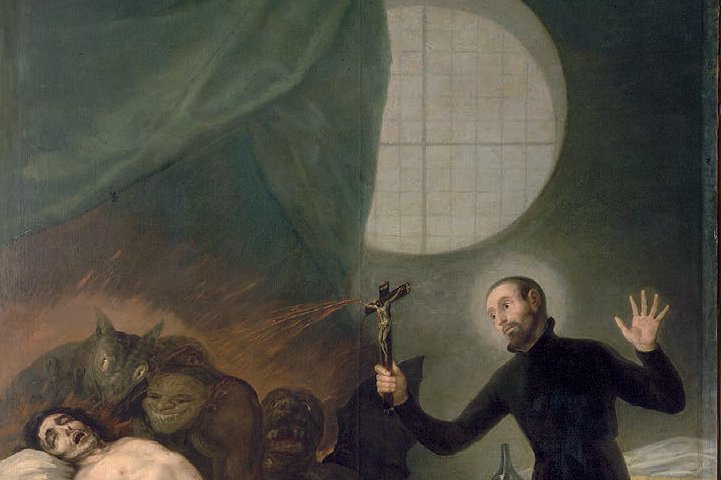 Francisco Goya's 18th-century painting of Saint Francis Borgia praying over a man at his deathbed as demonic figures flee the room.