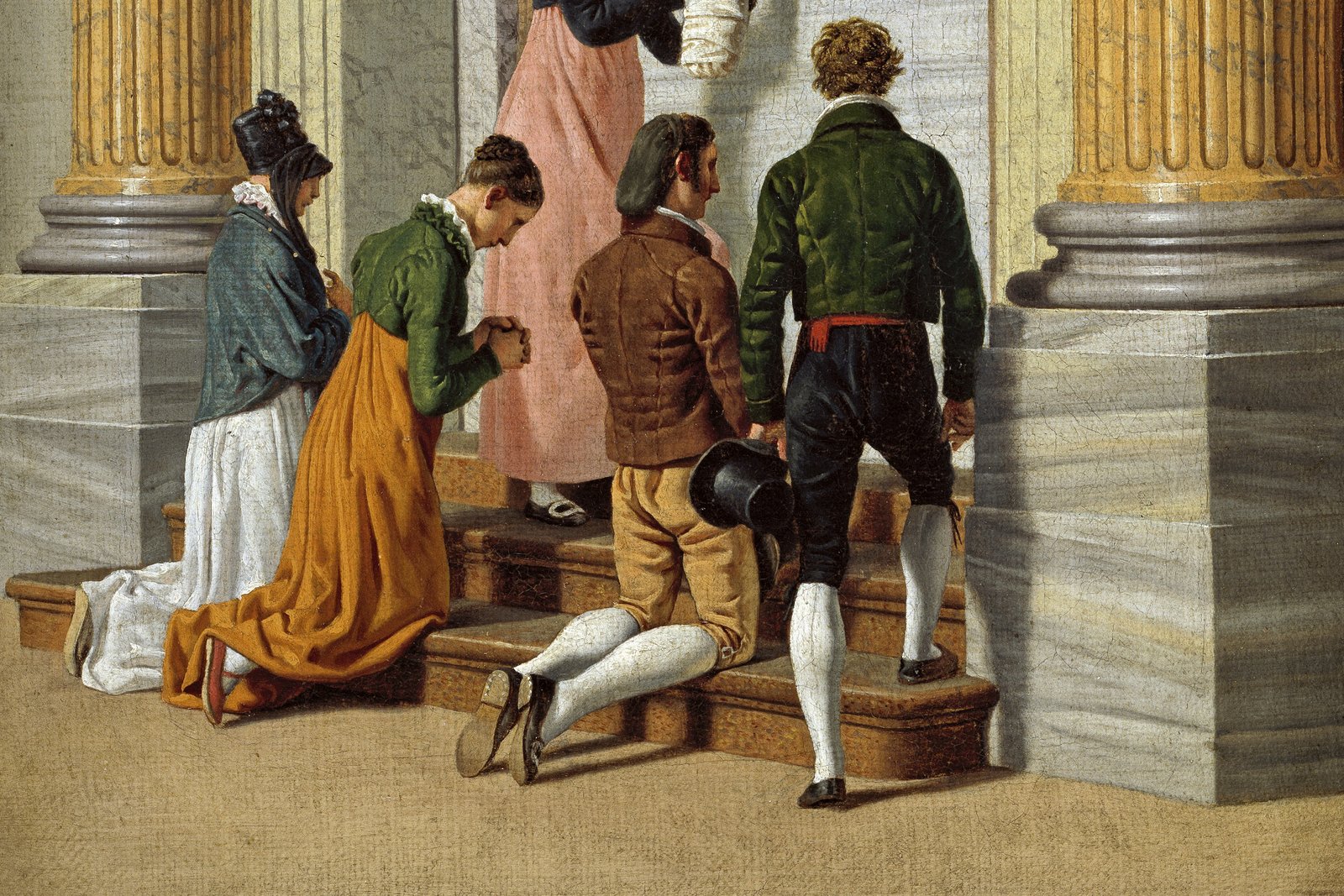 Una pintura del siglo XIX de peregrinos en oración junto a la Puerta Santa de la Basílica de San Pedro en Roma.