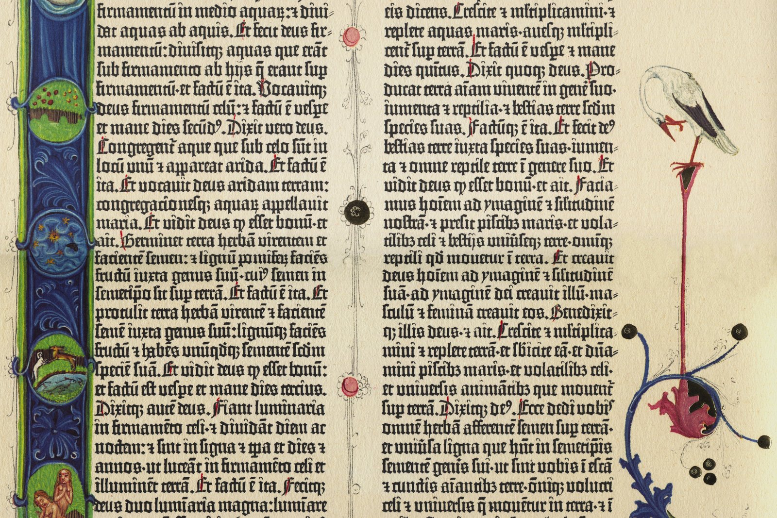 A page from the Gutenberg Bible, printed around 1455, showing dense black-letter type in two columns with hand-painted decorative initials.