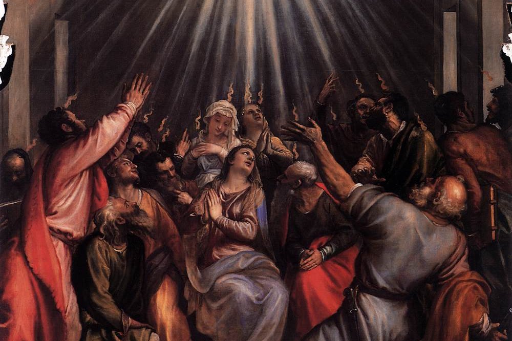 Titian's painting of the Holy Spirit descending as a dove of light over the apostles and Mary gathered together in prayer.