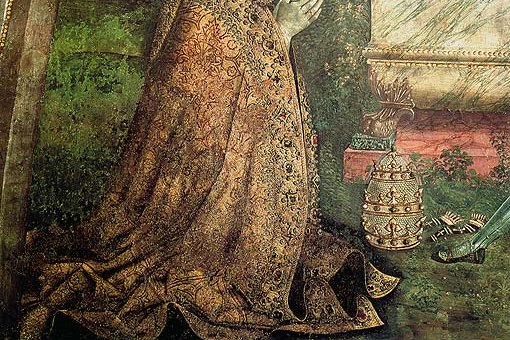 A detail from Pinturicchio's fresco The Resurrection, showing Pope Alexander VI kneeling in prayer in papal vestments.