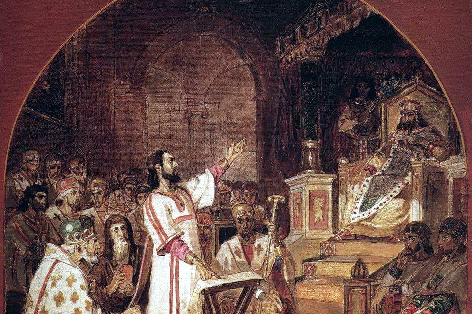 Vasily Surikov's 19th-century painting imagining the First Council of Nicaea, showing bishops gathered in formal assembly.